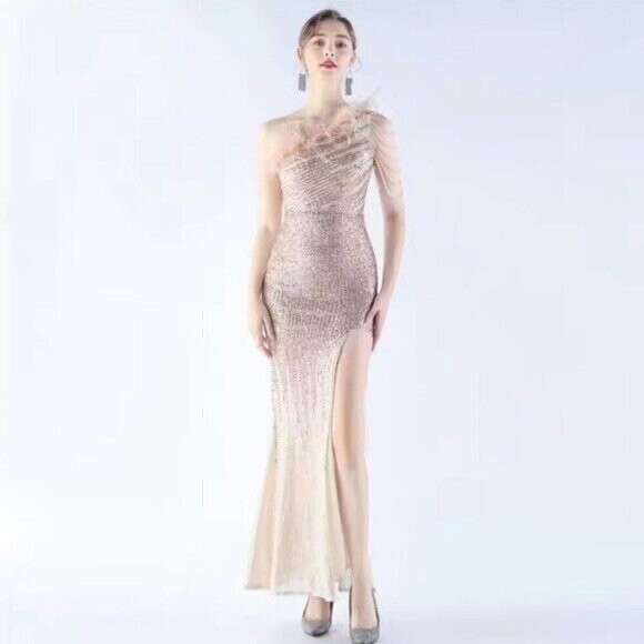 Gold, One Shoulder Beaded,Feather Neckline, Gradient Print, Sequined Gown - Picture 12 of 14